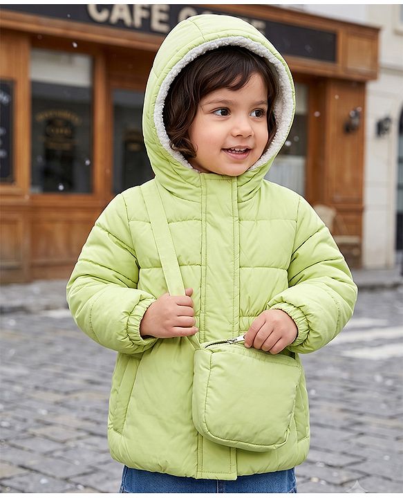 Babyhug Woven Full Sleeves Hooded Padded Jacket and Bag - Lemon