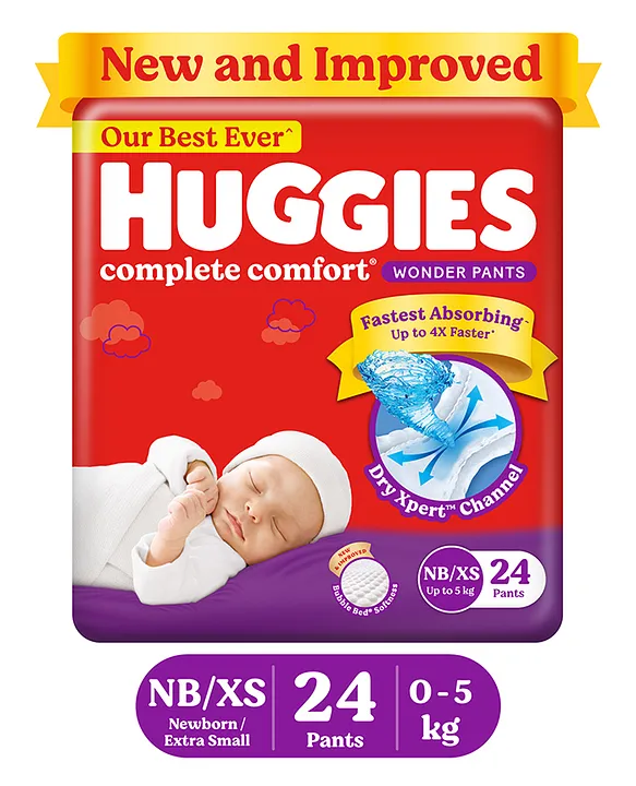 Buy Huggies Complete Comfort Wonder Pants Newborn / Extra Small(Nb/Xs)Size(Up  To 5 Kg)Baby Diaper Pants,48 Count,India'S Fastest Absorbing Diaper With  Upto 4X Faster Absorption,Unique Dry Xpert Channel Online at Lowest Price  Ever