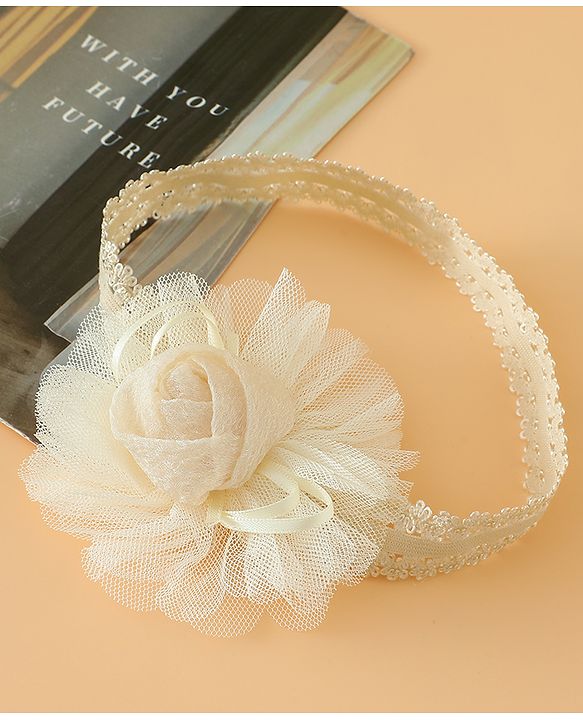 Babyhug Free Size Cute & Stylish Headbands with Lace Flower Applique - Beige