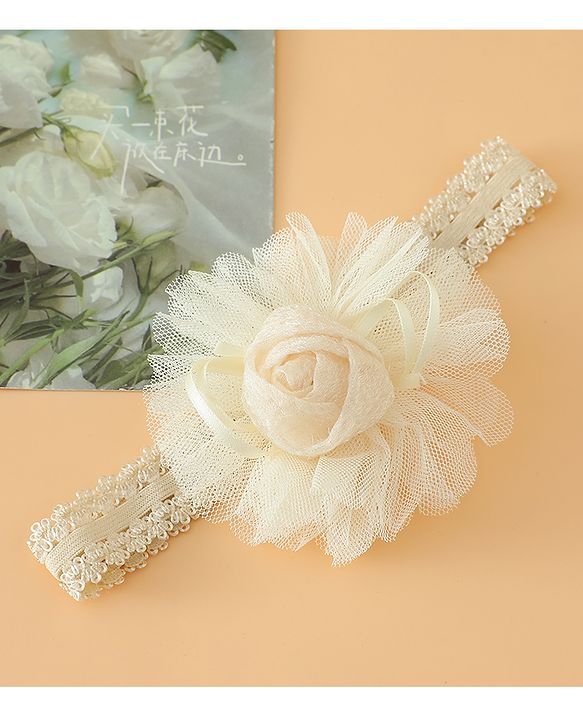 Babyhug Free Size Cute & Stylish Headbands with Lace Flower Applique - Beige