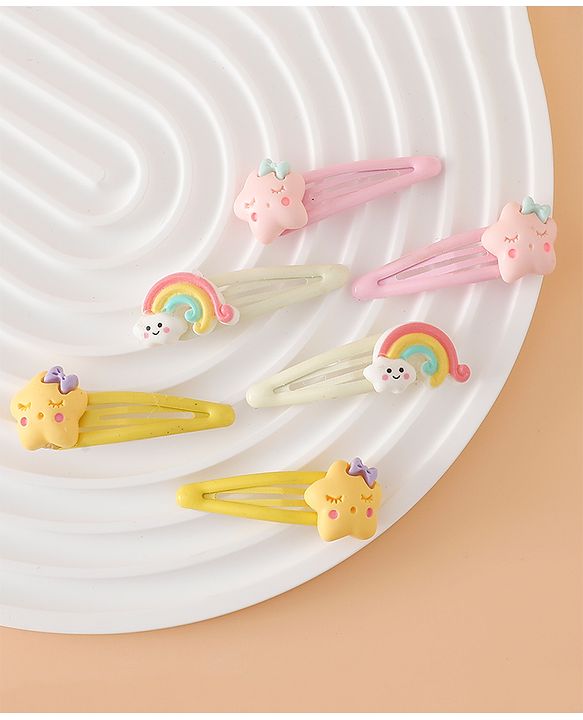 Babyhug Hair Pins And Clips Free Size with Rainbow and Star Applique Pack Of 3- Pink , Yellow & White