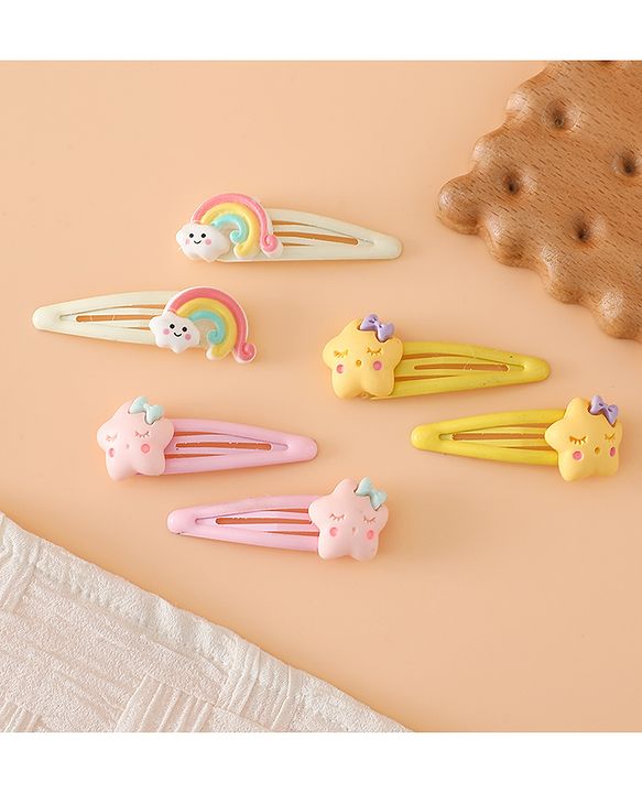 Babyhug Hair Pins And Clips Free Size with Rainbow and Star Applique Pack Of 3- Pink , Yellow & White