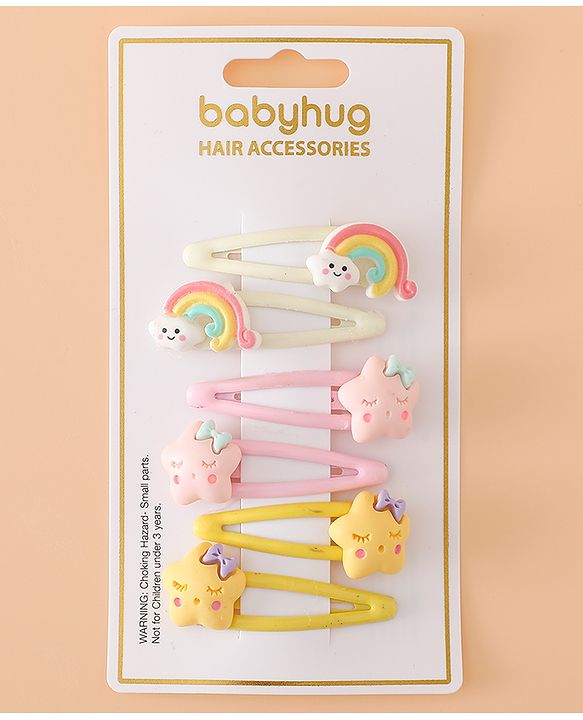 Babyhug Hair Pins And Clips Free Size with Rainbow and Star Applique Pack Of 3- Pink , Yellow & White