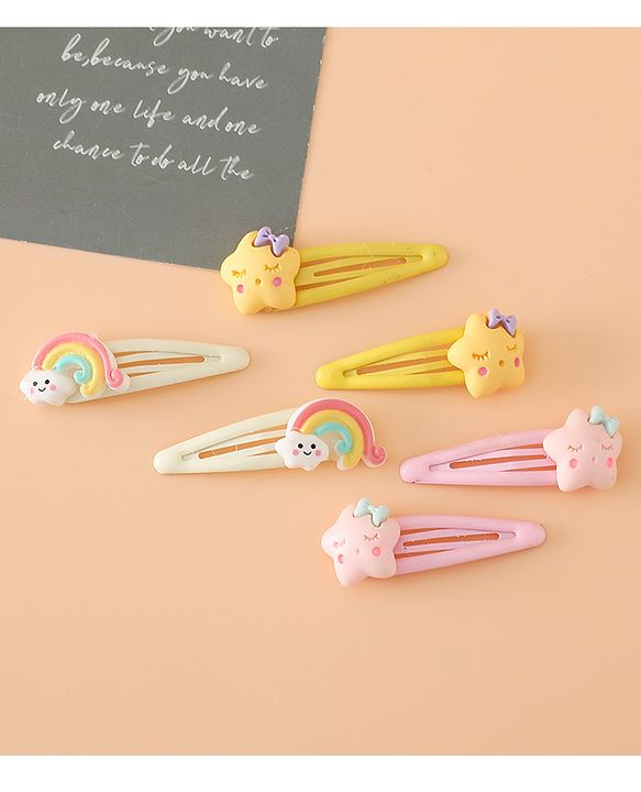 Babyhug Hair Pins And Clips Free Size with Rainbow and Star Applique Pack Of 3- Pink , Yellow & White