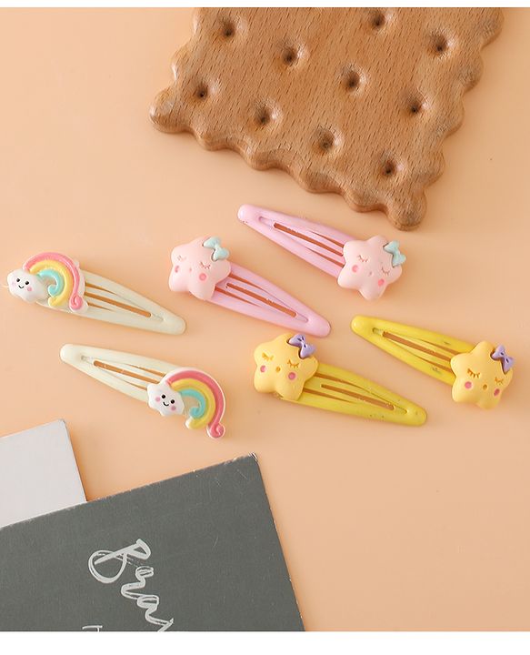 Babyhug Hair Pins And Clips Free Size with Rainbow and Star Applique Pack Of 3- Pink , Yellow & White