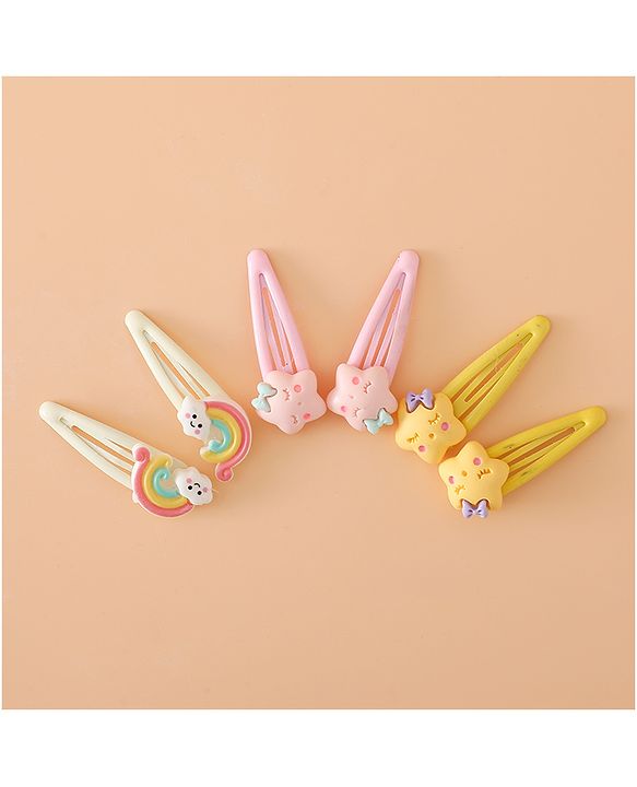 Babyhug Hair Pins And Clips Free Size with Rainbow and Star Applique Pack Of 3- Pink , Yellow & White
