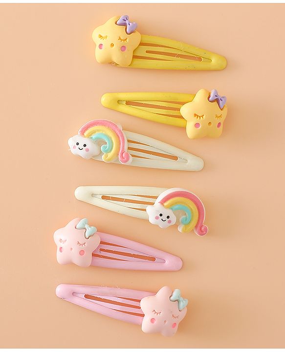 Babyhug Hair Pins And Clips Free Size with Rainbow and Star Applique Pack Of 3- Pink , Yellow & White