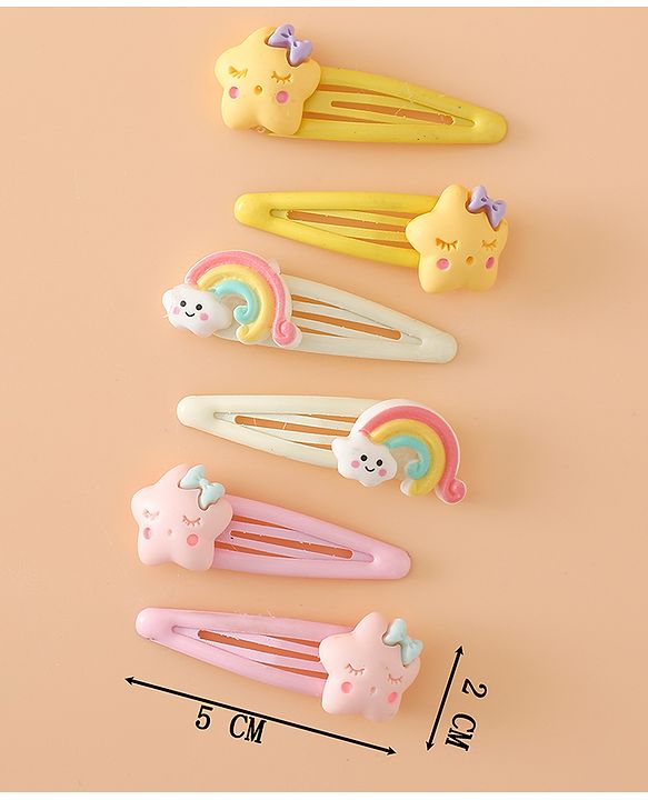 Babyhug Hair Pins And Clips Free Size with Rainbow and Star Applique Pack Of 3- Pink , Yellow & White