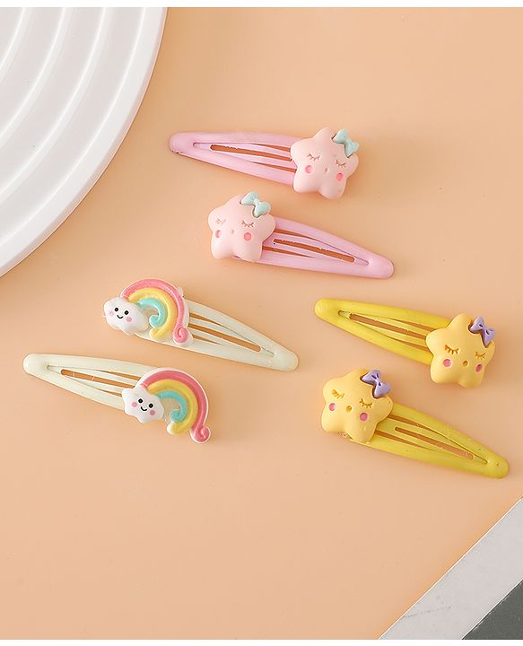 Babyhug Hair Pins And Clips Free Size with Rainbow and Star Applique Pack Of 3- Pink , Yellow & White