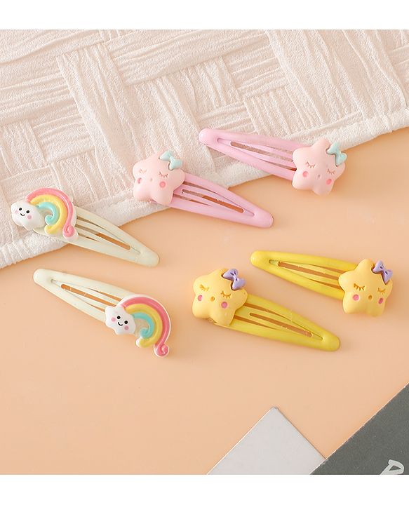 Babyhug Hair Pins And Clips Free Size with Rainbow and Star Applique Pack Of 3- Pink , Yellow & White