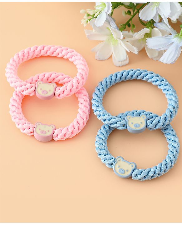 Babyhug Free Size Hair Rubber Bands With Bear Charm Applique Pack of 4 - Pink & Blue