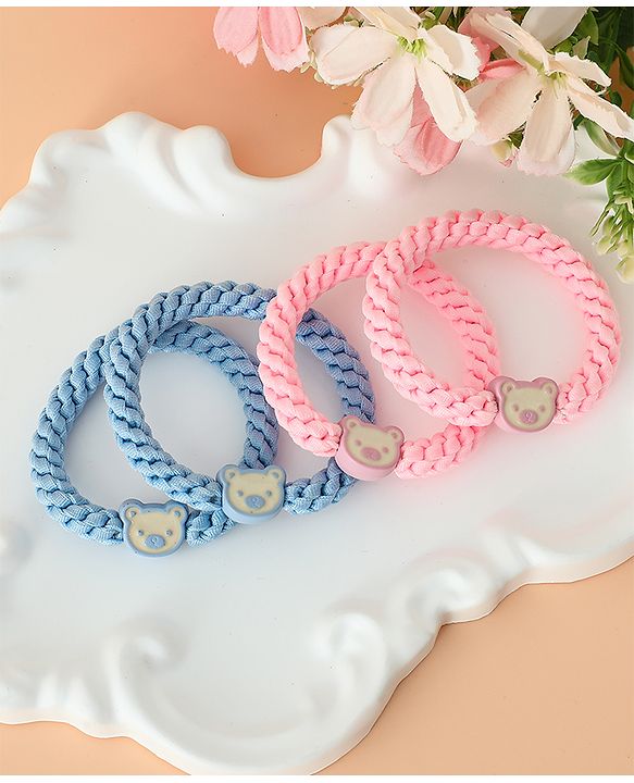 Babyhug Free Size Hair Rubber Bands With Bear Charm Applique Pack of 4 - Pink & Blue