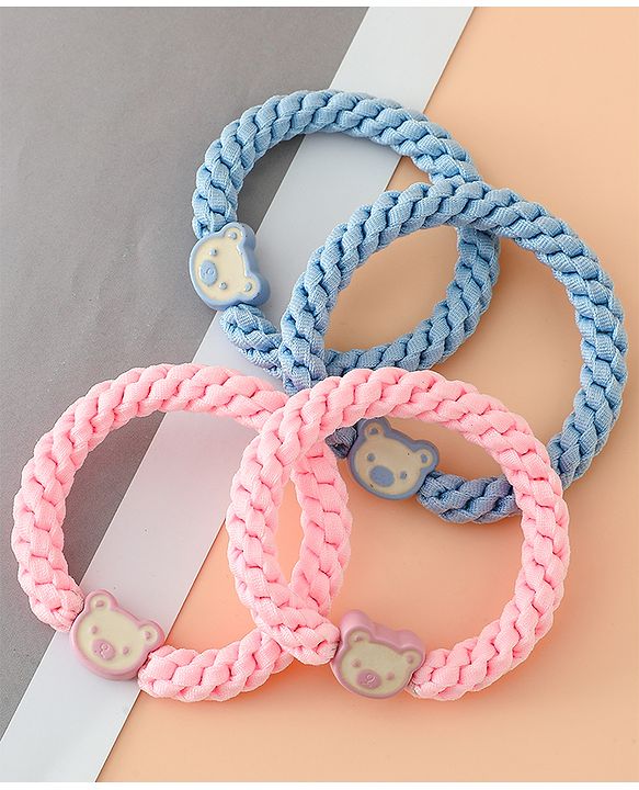 Babyhug Free Size Hair Rubber Bands With Bear Charm Applique Pack of 4 - Pink & Blue