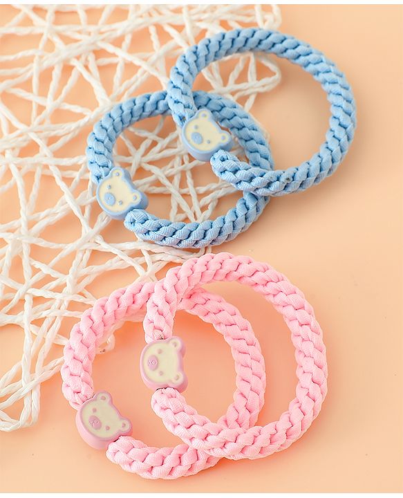Babyhug Free Size Hair Rubber Bands With Bear Charm Applique Pack of 4 - Pink & Blue