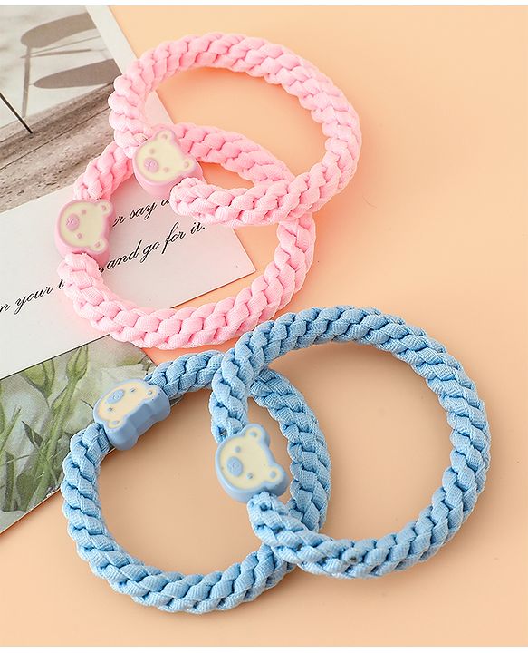 Babyhug Free Size Hair Rubber Bands With Bear Charm Applique Pack of 4 - Pink & Blue