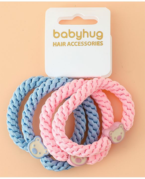 Babyhug Free Size Hair Rubber Bands With Bear Charm Applique Pack of 4 - Pink & Blue