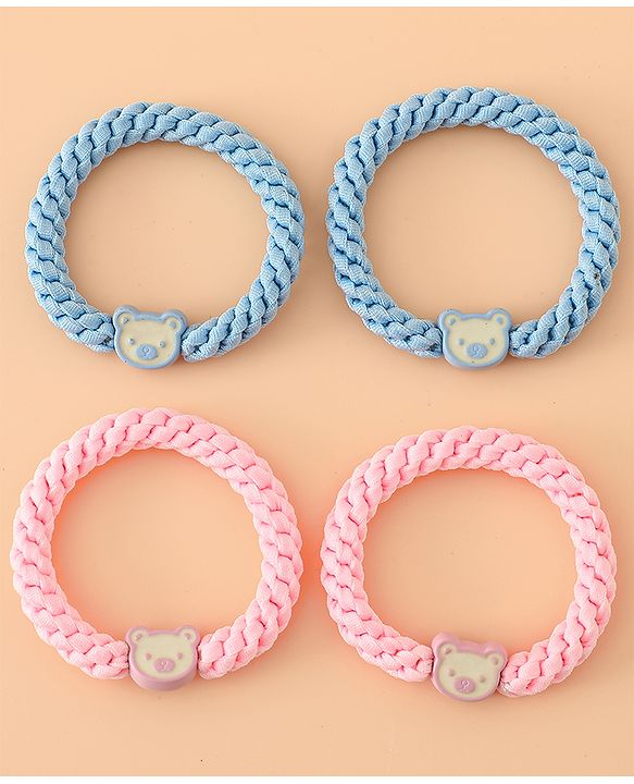 Babyhug Free Size Hair Rubber Bands With Bear Charm Applique Pack of 4 - Pink & Blue