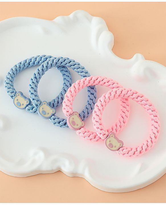 Babyhug Free Size Hair Rubber Bands With Bear Charm Applique Pack of 4 - Pink & Blue