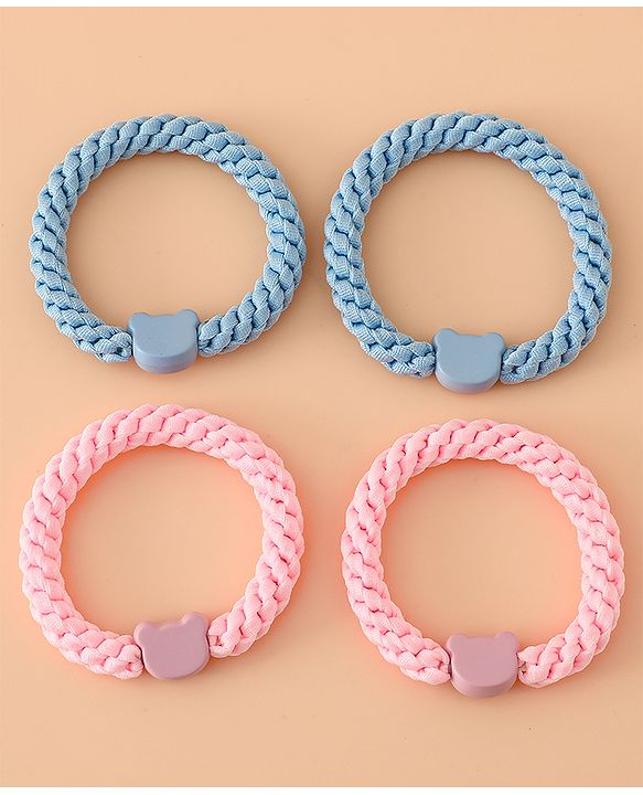 Babyhug Free Size Hair Rubber Bands With Bear Charm Applique Pack of 4 - Pink & Blue