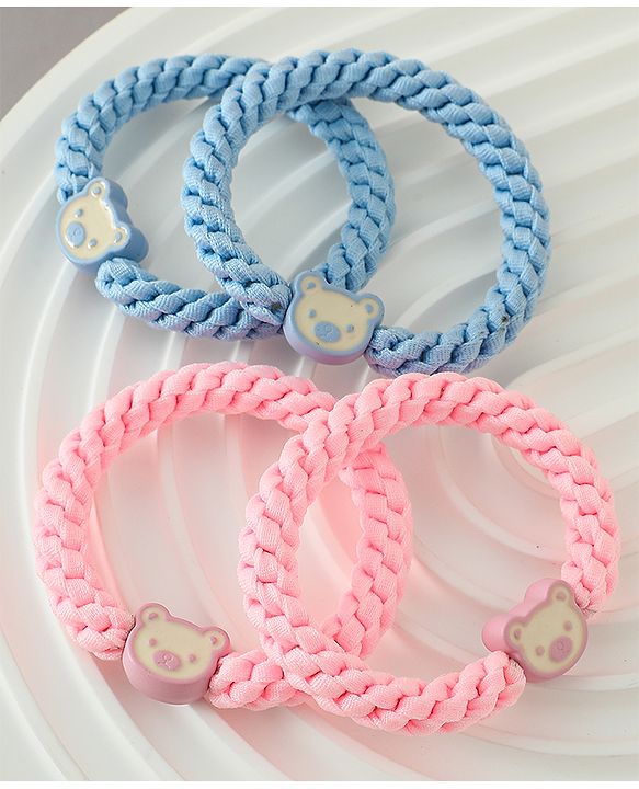 Babyhug Free Size Hair Rubber Bands With Bear Charm Applique Pack of 4 - Pink & Blue