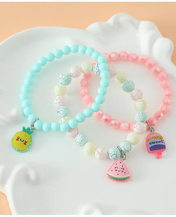 Babyhug Pastel Beaded Charm Bracelet Set - Pink & Green
