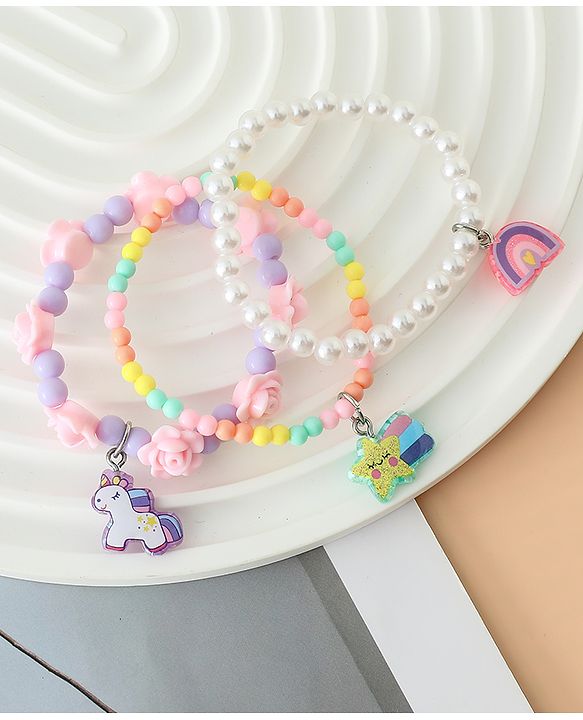Babyhug Pastel Beaded Charm Bracelet Set - Pink & White