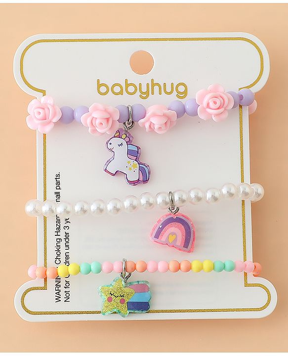 Babyhug Pastel Beaded Charm Bracelet Set - Pink & White