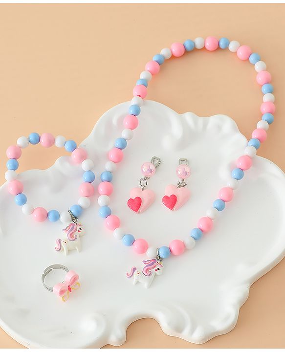 Babyhug Kids Pastel Beaded Jewellery Set with Cute Charms - Pink & Red