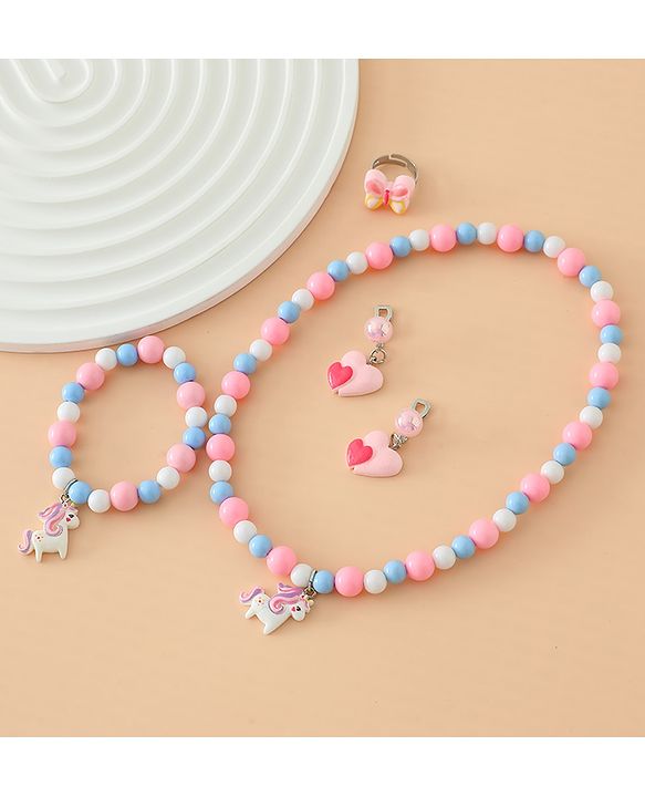 Babyhug Kids Pastel Beaded Jewellery Set with Cute Charms - Pink & Red