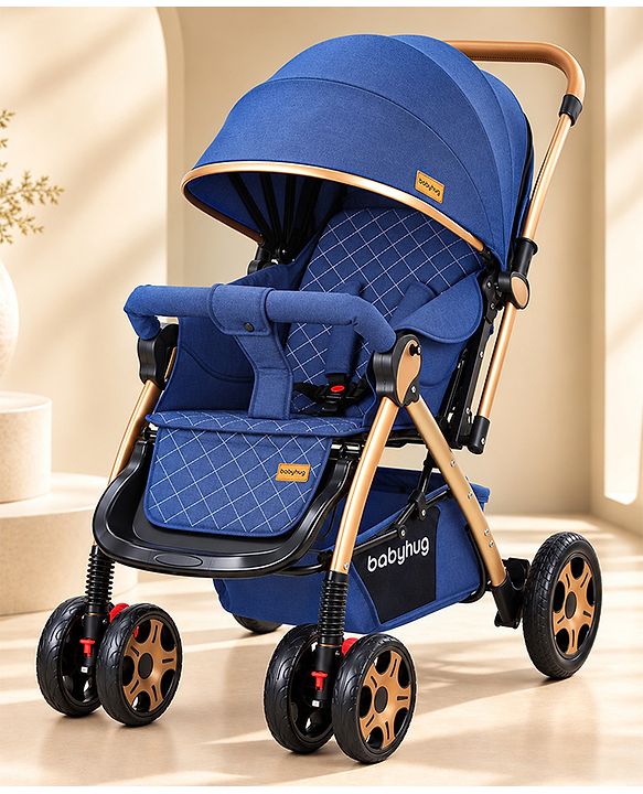 Babyhug Landscape Stroller with Reversible Handle Blue| Multi-Recline Backrest| UV Protection Canopy| 5-Point Harness| All-Wheel Suspension| Swivel Wheels| Trolley-Style Pull Handle| Linked Brake