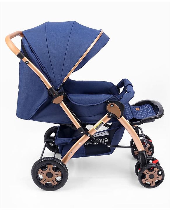 Babyhug Landscape Stroller with Reversible Handle Blue| Multi-Recline Backrest| UV Protection Canopy| 5-Point Harness| All-Wheel Suspension| Swivel Wheels| Trolley-Style Pull Handle| Linked Brake