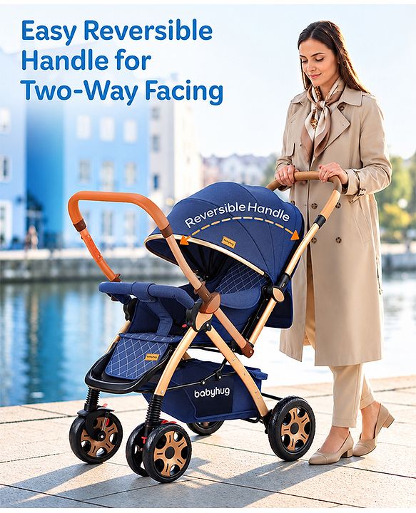 Babyhug Landscape Stroller with Reversible Handle Blue| Multi-Recline Backrest| UV Protection Canopy| 5-Point Harness| All-Wheel Suspension| Swivel Wheels| Trolley-Style Pull Handle| Linked Brake