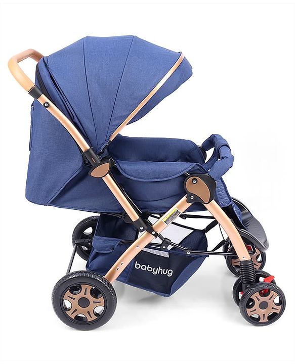 Babyhug Landscape Stroller with Reversible Handle Blue| Multi-Recline Backrest| UV Protection Canopy| 5-Point Harness| All-Wheel Suspension| Swivel Wheels| Trolley-Style Pull Handle| Linked Brake