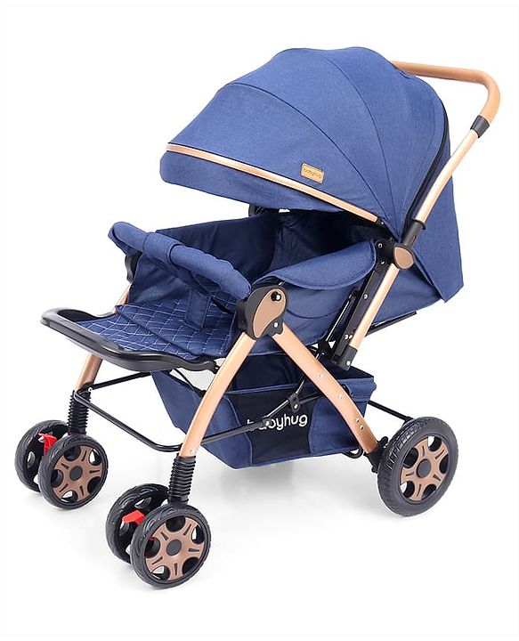 Babyhug Landscape Stroller with Reversible Handle Blue| Multi-Recline Backrest| UV Protection Canopy| 5-Point Harness| All-Wheel Suspension| Swivel Wheels| Trolley-Style Pull Handle| Linked Brake