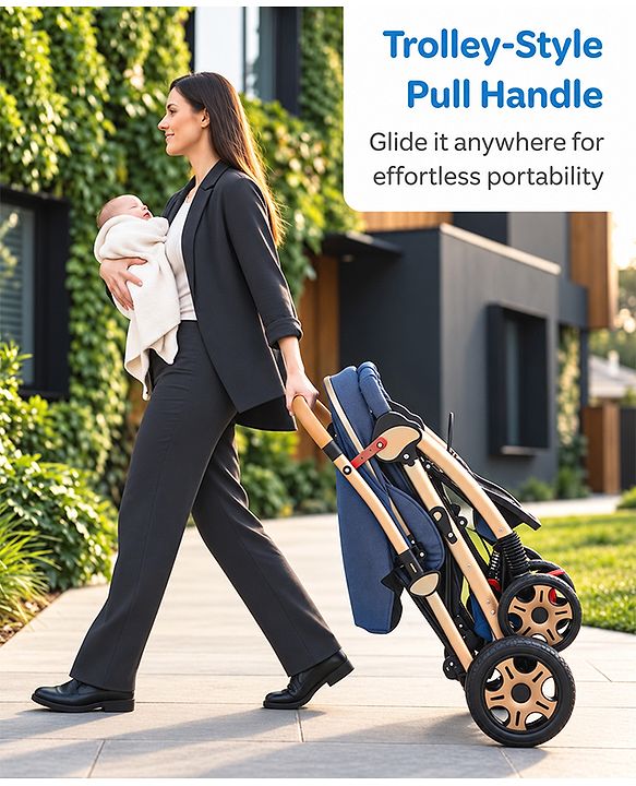 Babyhug Landscape Stroller with Reversible Handle Blue| Multi-Recline Backrest| UV Protection Canopy| 5-Point Harness| All-Wheel Suspension| Swivel Wheels| Trolley-Style Pull Handle| Linked Brake