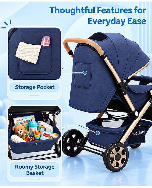 Babyhug Landscape Stroller with Reversible Handle Blue| Multi-Recline Backrest| UV Protection Canopy| 5-Point Harness| All-Wheel Suspension| Swivel Wheels| Trolley-Style Pull Handle| Linked Brake