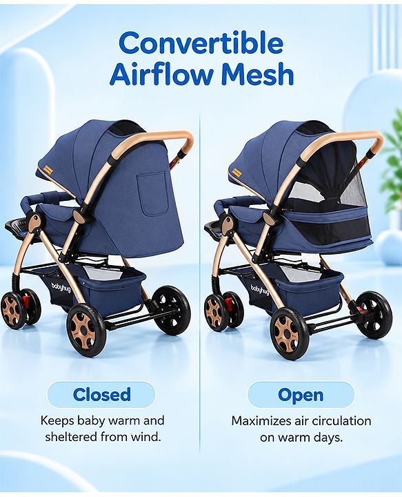 Babyhug Landscape Stroller with Reversible Handle Blue| Multi-Recline Backrest| UV Protection Canopy| 5-Point Harness| All-Wheel Suspension| Swivel Wheels| Trolley-Style Pull Handle| Linked Brake