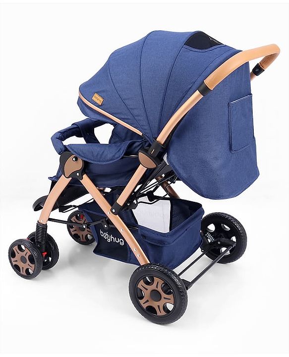 Babyhug Landscape Stroller with Reversible Handle Blue| Multi-Recline Backrest| UV Protection Canopy| 5-Point Harness| All-Wheel Suspension| Swivel Wheels| Trolley-Style Pull Handle| Linked Brake