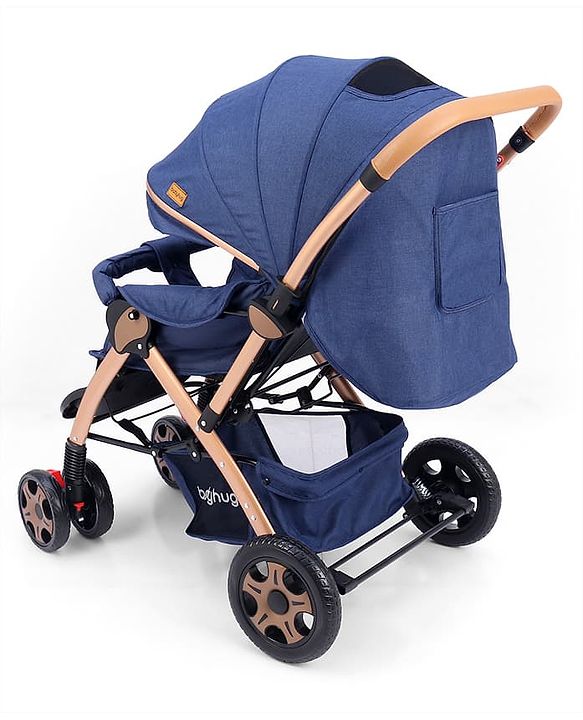 Babyhug Landscape Stroller with Reversible Handle Blue| Multi-Recline Backrest| UV Protection Canopy| 5-Point Harness| All-Wheel Suspension| Swivel Wheels| Trolley-Style Pull Handle| Linked Brake