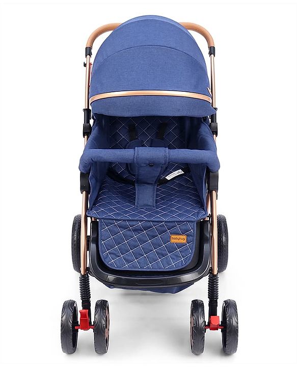 Babyhug Landscape Stroller with Reversible Handle Blue| Multi-Recline Backrest| UV Protection Canopy| 5-Point Harness| All-Wheel Suspension| Swivel Wheels| Trolley-Style Pull Handle| Linked Brake