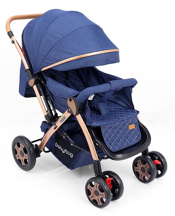 Babyhug Landscape Stroller with Reversible Handle Blue| Multi-Recline Backrest| UV Protection Canopy| 5-Point Harness| All-Wheel Suspension| Swivel Wheels| Trolley-Style Pull Handle| Linked Brake
