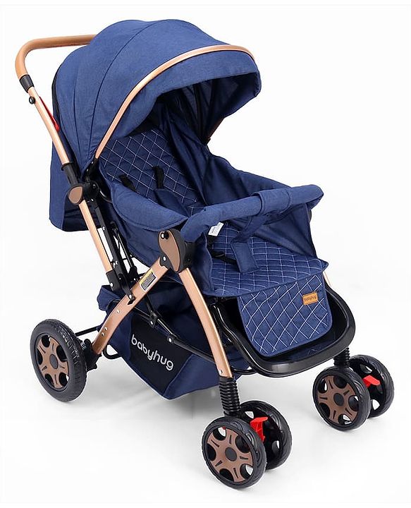 Babyhug Landscape Stroller with Reversible Handle Blue| Multi-Recline Backrest| UV Protection Canopy| 5-Point Harness| All-Wheel Suspension| Swivel Wheels| Trolley-Style Pull Handle| Linked Brake