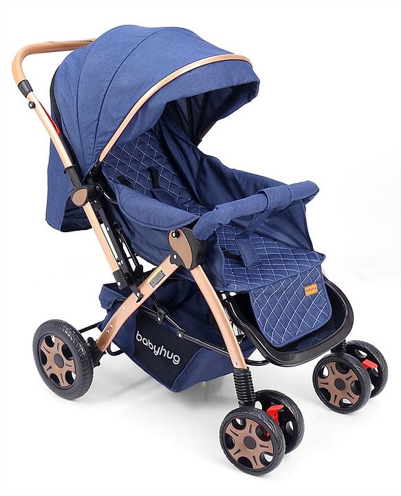 Babyhug Landscape Stroller with Reversible Handle Blue| Multi-Recline Backrest| UV Protection Canopy| 5-Point Harness| All-Wheel Suspension| Swivel Wheels| Trolley-Style Pull Handle| Linked Brake