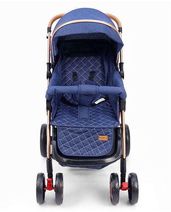 Babyhug Landscape Stroller with Reversible Handle Blue| Multi-Recline Backrest| UV Protection Canopy| 5-Point Harness| All-Wheel Suspension| Swivel Wheels| Trolley-Style Pull Handle| Linked Brake