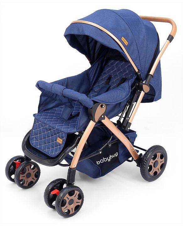 Babyhug Landscape Stroller with Reversible Handle Blue| Multi-Recline Backrest| UV Protection Canopy| 5-Point Harness| All-Wheel Suspension| Swivel Wheels| Trolley-Style Pull Handle| Linked Brake