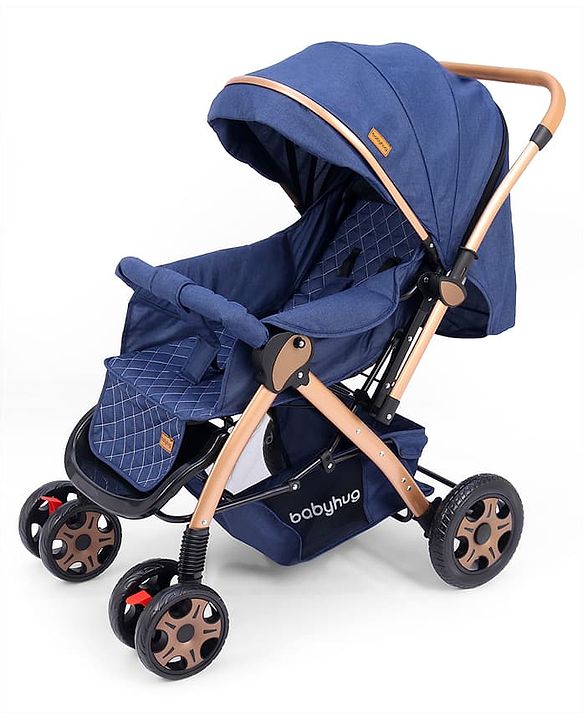 Babyhug Landscape Stroller with Reversible Handle Blue| Multi-Recline Backrest| UV Protection Canopy| 5-Point Harness| All-Wheel Suspension| Swivel Wheels| Trolley-Style Pull Handle| Linked Brake