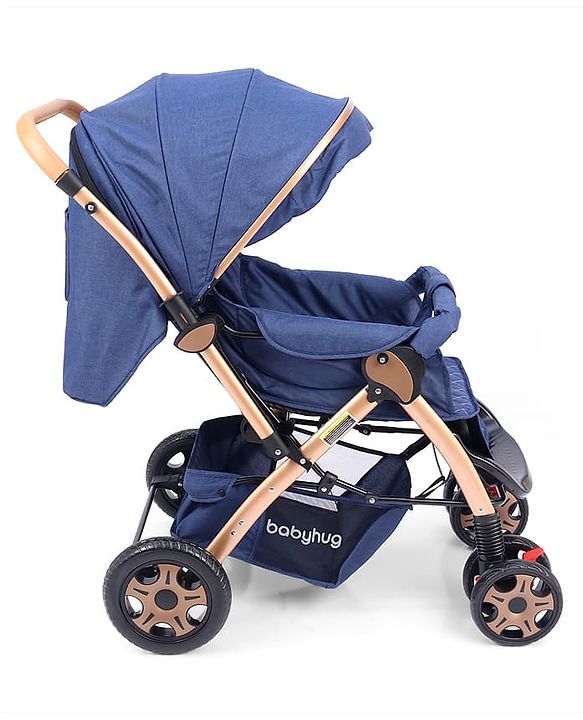 Babyhug Landscape Stroller with Reversible Handle Blue| Multi-Recline Backrest| UV Protection Canopy| 5-Point Harness| All-Wheel Suspension| Swivel Wheels| Trolley-Style Pull Handle| Linked Brake