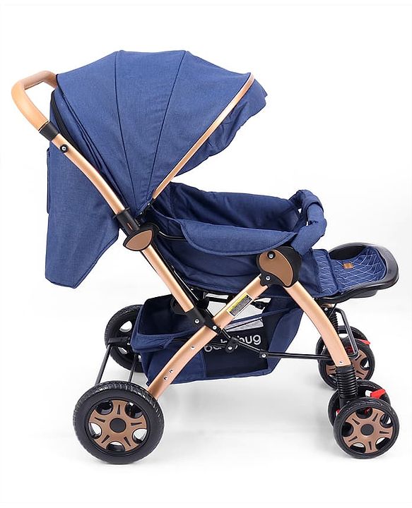 Babyhug Landscape Stroller with Reversible Handle Blue| Multi-Recline Backrest| UV Protection Canopy| 5-Point Harness| All-Wheel Suspension| Swivel Wheels| Trolley-Style Pull Handle| Linked Brake