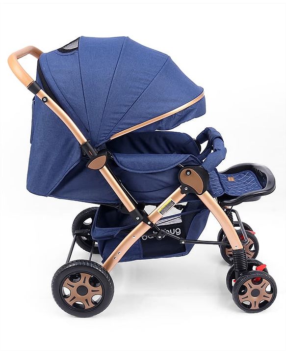 Babyhug Landscape Stroller with Reversible Handle Blue| Multi-Recline Backrest| UV Protection Canopy| 5-Point Harness| All-Wheel Suspension| Swivel Wheels| Trolley-Style Pull Handle| Linked Brake