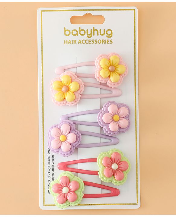 Babyhug Snap Clips With Floral Applique Free Size - Purple Red Yellow